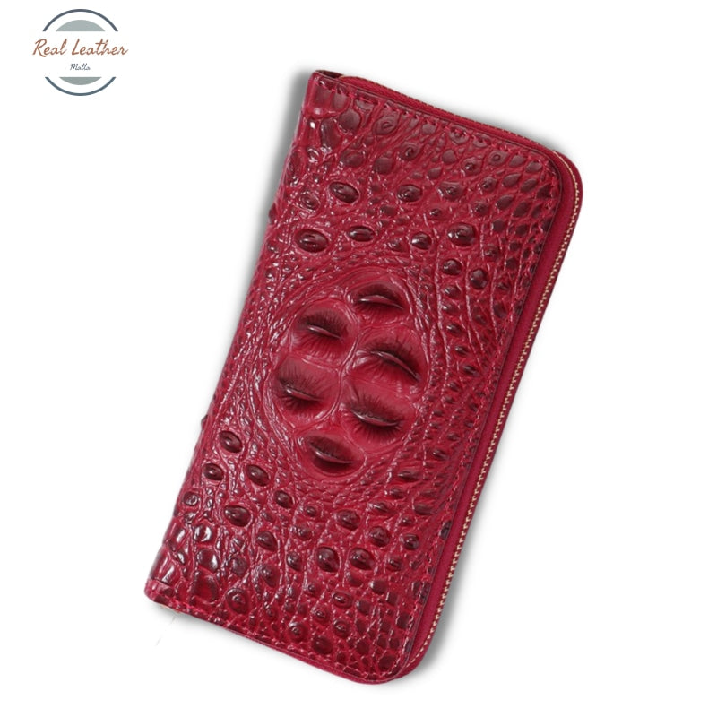 Genuine Leather Ladys Croc Style Long Wallet Red
