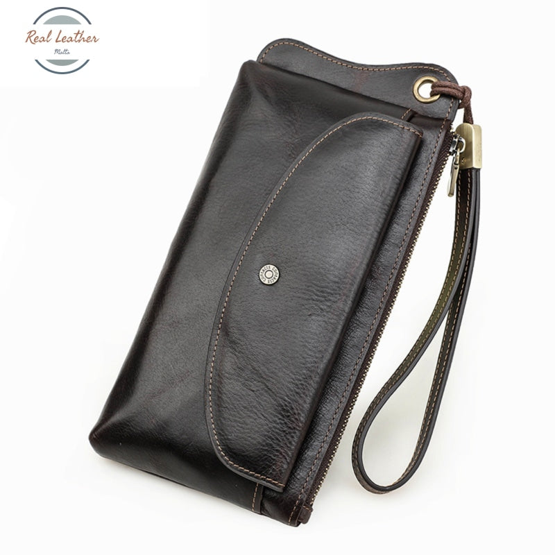 Genuine Leather Long Wallet / Wristlet Clutch Coffee
