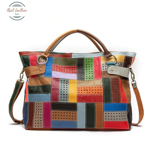 Mini Canvas Tote Bag With Patchwork Design, Genuine Leather
