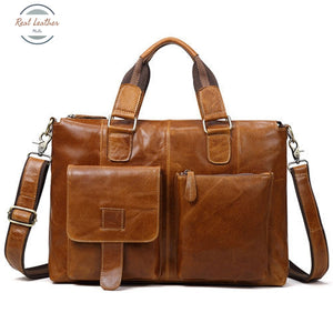 Genuine Leather Men Vintage Briefcase/ Laptop Bag Oil Wax Brown