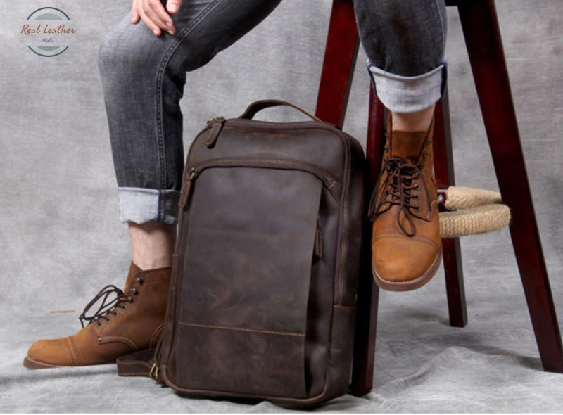 Genuine Leather Mens Daily Large Capacity Laptop Bag Backpacks