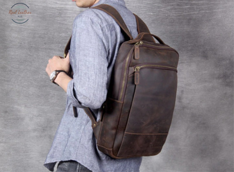 Genuine Leather Mens Daily Large Capacity Laptop Bag Backpacks