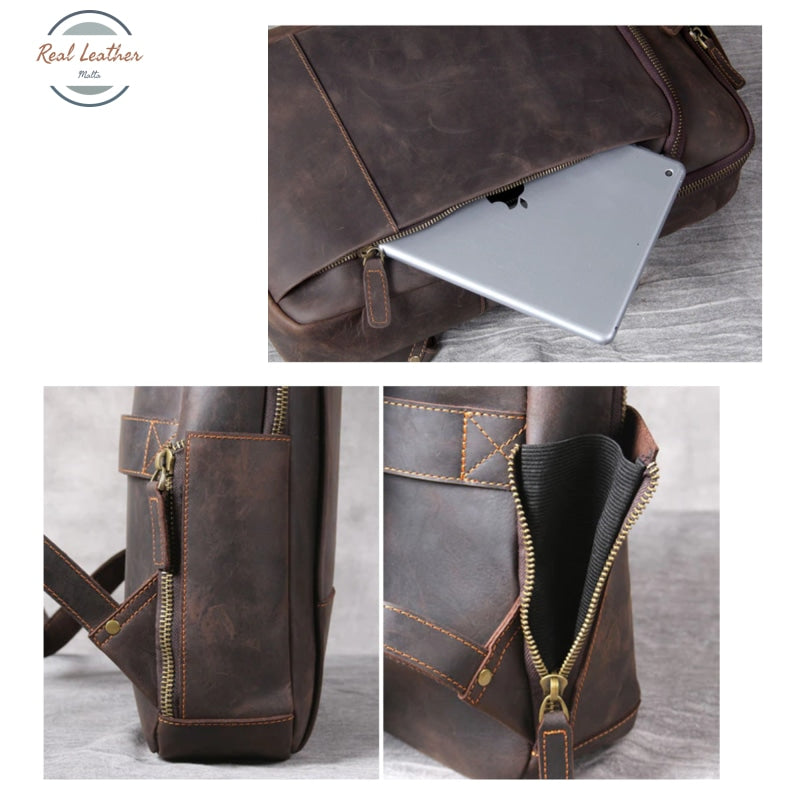 Genuine Leather Mens Daily Large Capacity Laptop Bag Backpacks