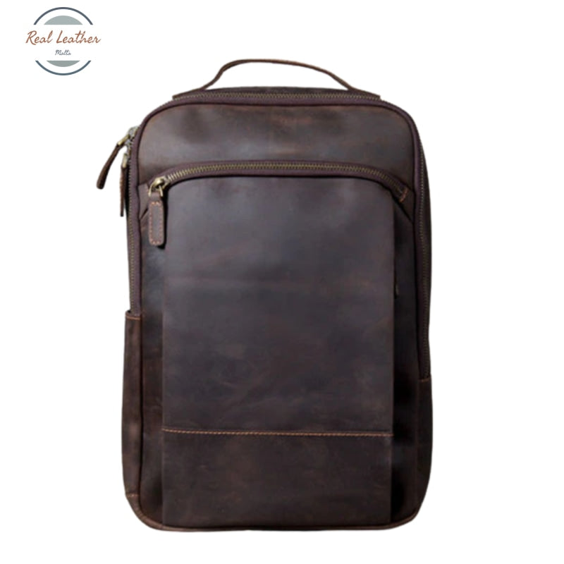 Genuine Leather Mens Daily Large Capacity Laptop Bag Coffee Backpacks