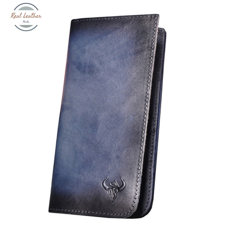 Genuine Leather Mens Fashion Long Wallet Blue