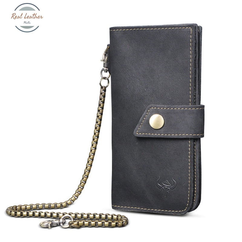 Genuine Leather Mens Fashion Long Wallet Chain-Black