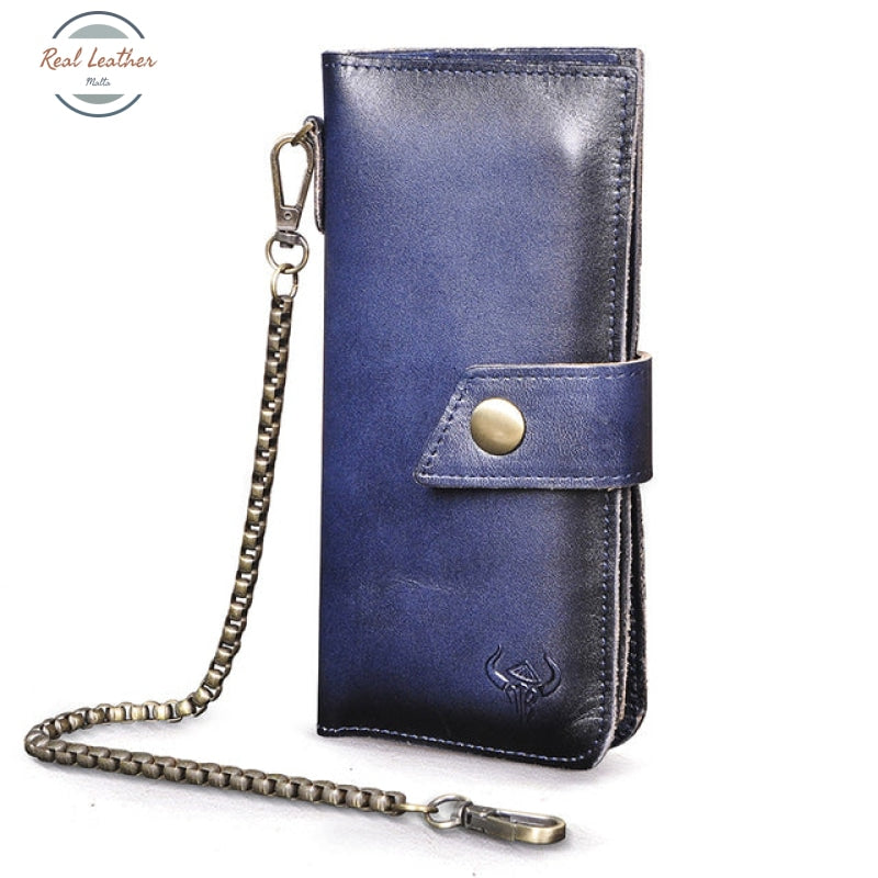 Genuine Leather Mens Fashion Long Wallet Chain-Blue