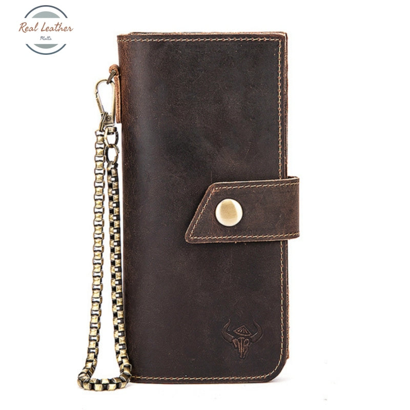 Genuine Leather Mens Fashion Long Wallet Chain-Brown