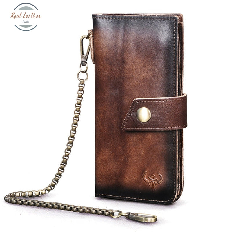 Genuine Leather Mens Fashion Long Wallet Chain-Coffee