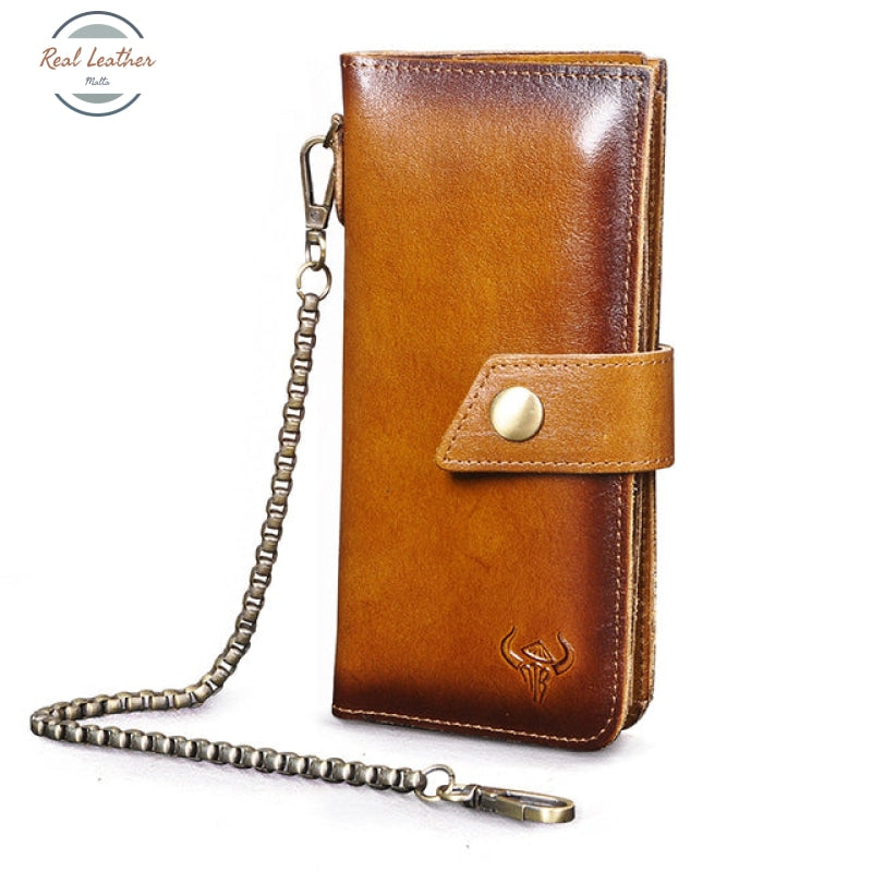 Genuine Leather Mens Fashion Long Wallet Chain-Gold