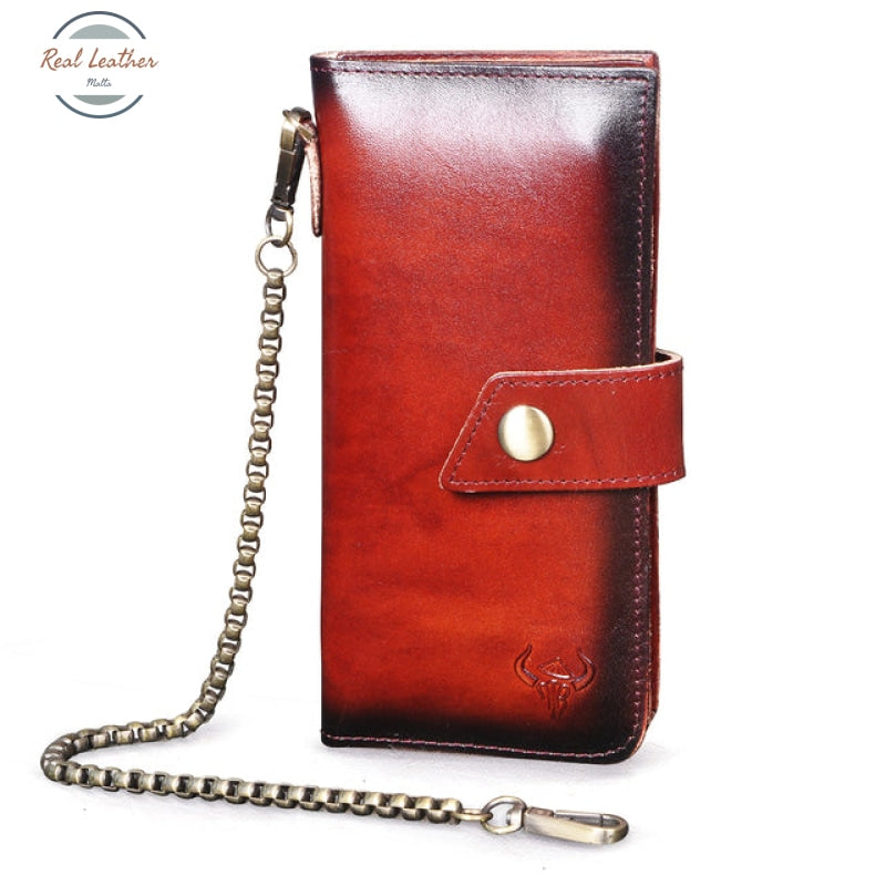 Genuine Leather Mens Fashion Long Wallet Chain-Wine