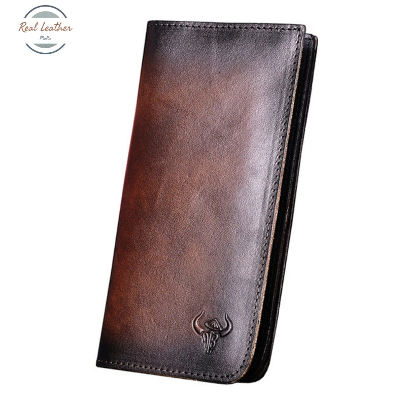 Genuine Leather Mens Fashion Long Wallet Coffee
