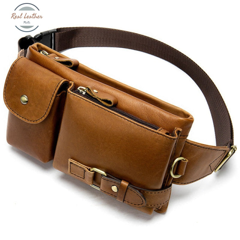 Genuine Leather Mens Travel Belt Bag Brown