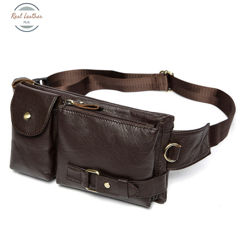 Genuine Leather Mens Travel Belt Bag Coffee