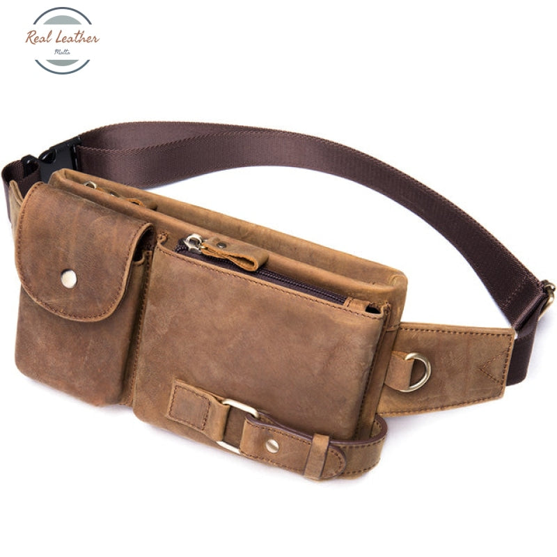 Genuine Leather Mens Travel Belt Bag Crazy Brown