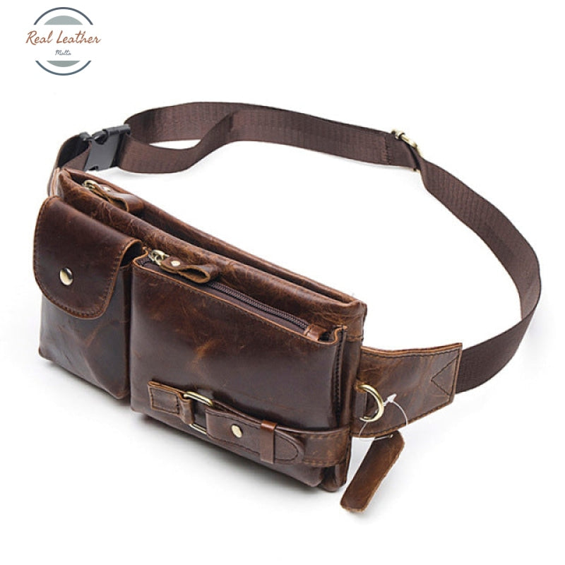 Genuine Leather Mens Travel Belt Bag Oil Coffee