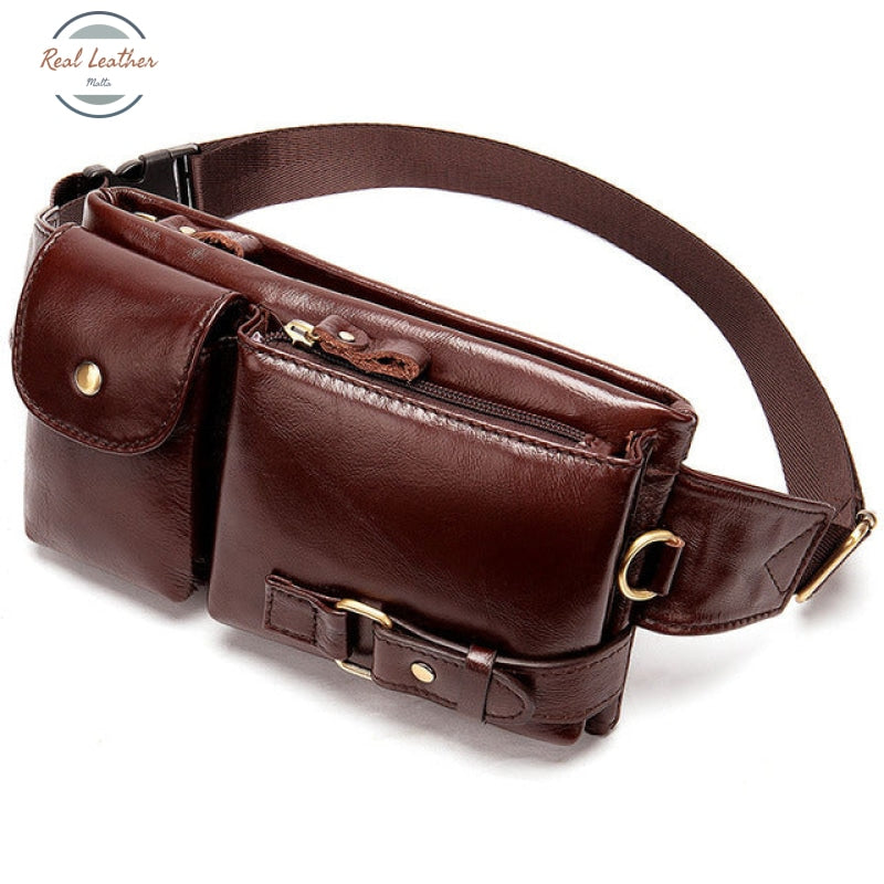 Genuine Leather Mens Travel Belt Bag Red Brown