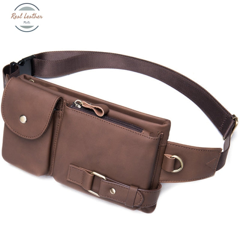 Genuine Leather Mens Travel Belt Bag Red Coffee