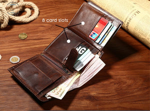 Genuine Leather Mens Tri-Fold Vintage Short Wallet