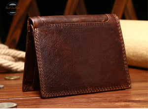 Genuine Leather Mens Tri-Fold Vintage Short Wallet