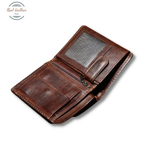 Genuine Leather Mens Tri-Fold Vintage Short Wallet