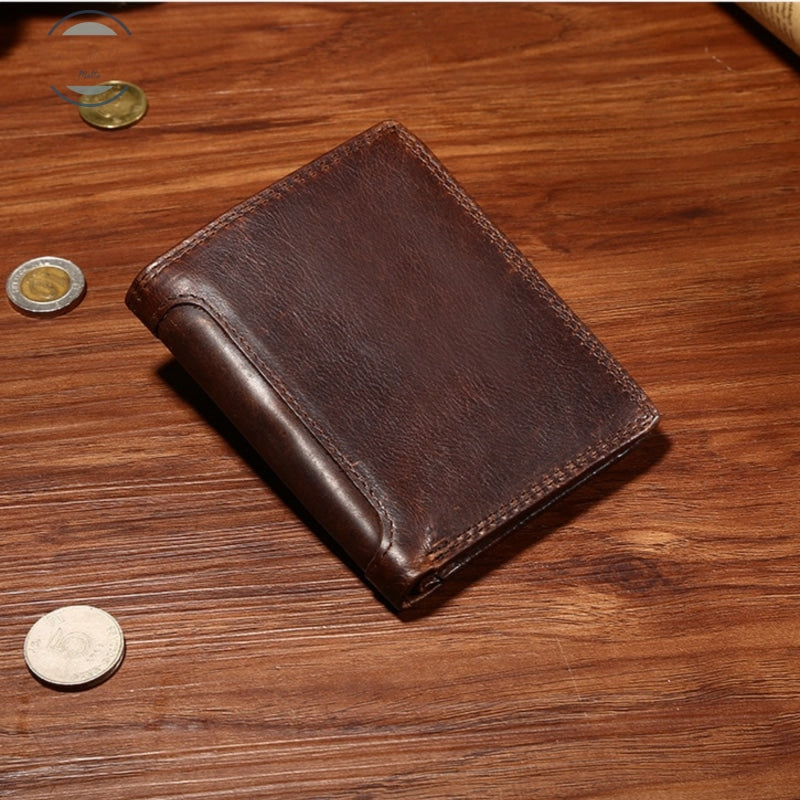 Genuine Leather Mens Tri-Fold Vintage Short Wallet