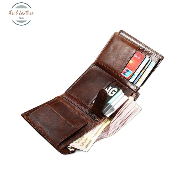 Genuine Leather Mens Vintage Trifold Wallet