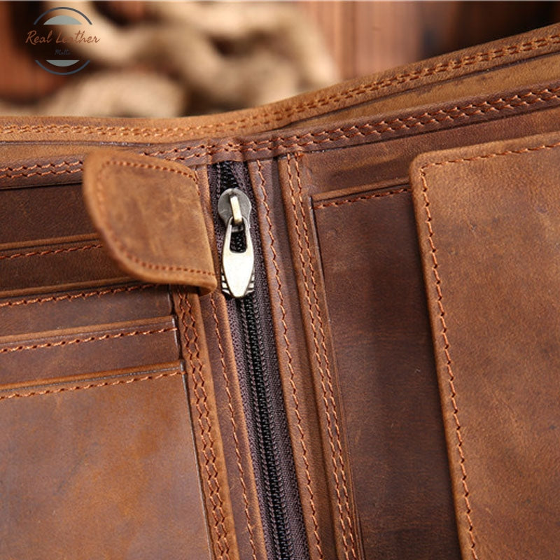 Genuine Leather Mens Vintage Trifold Wallet