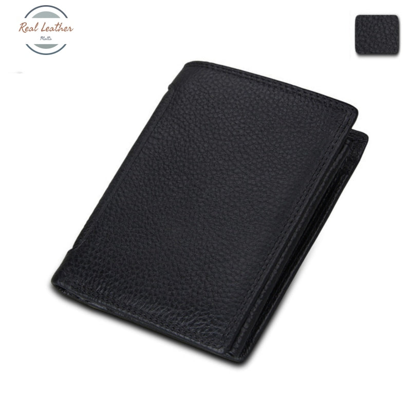 Genuine Leather Mens Vintage Trifold Wallet Black Litchi Pattern