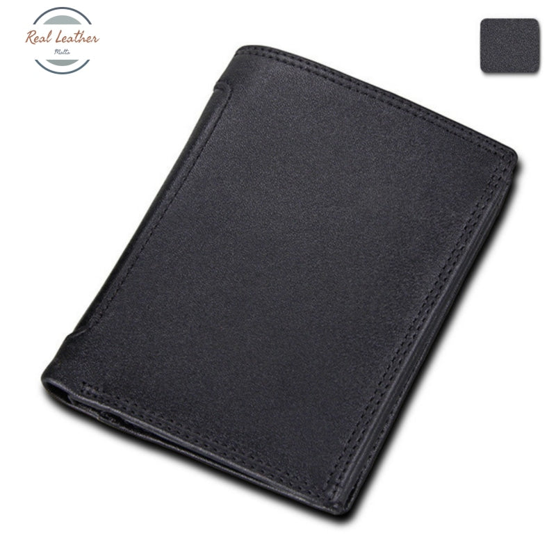 Genuine Leather Mens Vintage Trifold Wallet Black Plain Pattern