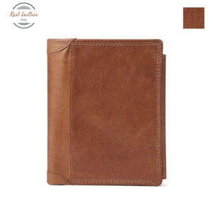 Genuine Leather Mens Vintage Trifold Wallet Brown Plain Style