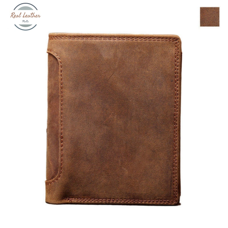 Genuine Leather Mens Vintage Trifold Wallet Yellow Brown