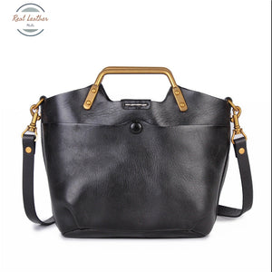 Johnature Versatile Genuine Leather Handbag Vintage Natural Cowhide Women Bag Leisure Solid Color