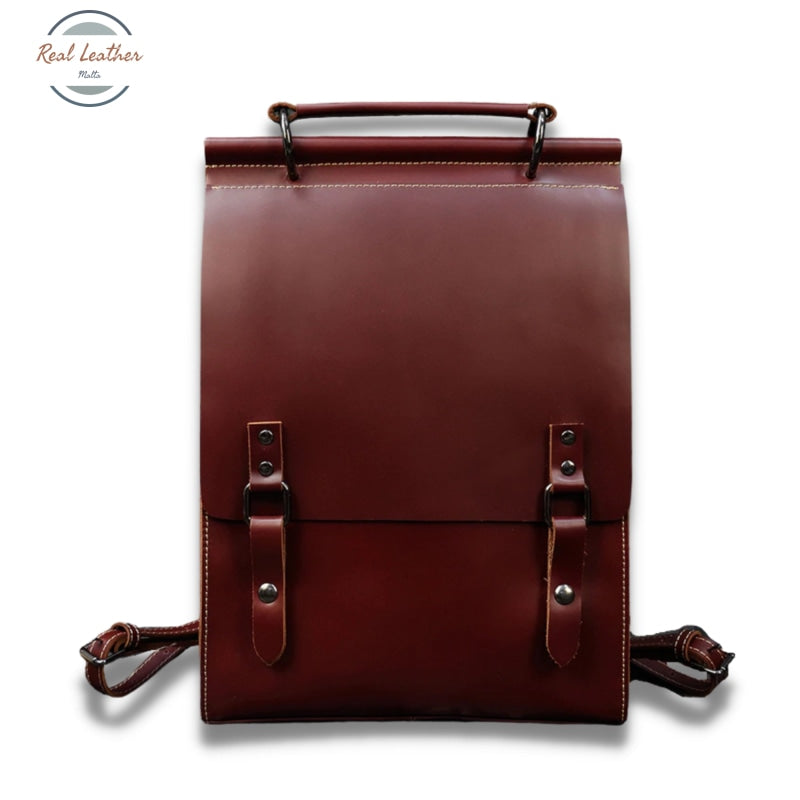 Genuine Leather Minimalist Ladies Backpack Red Brown