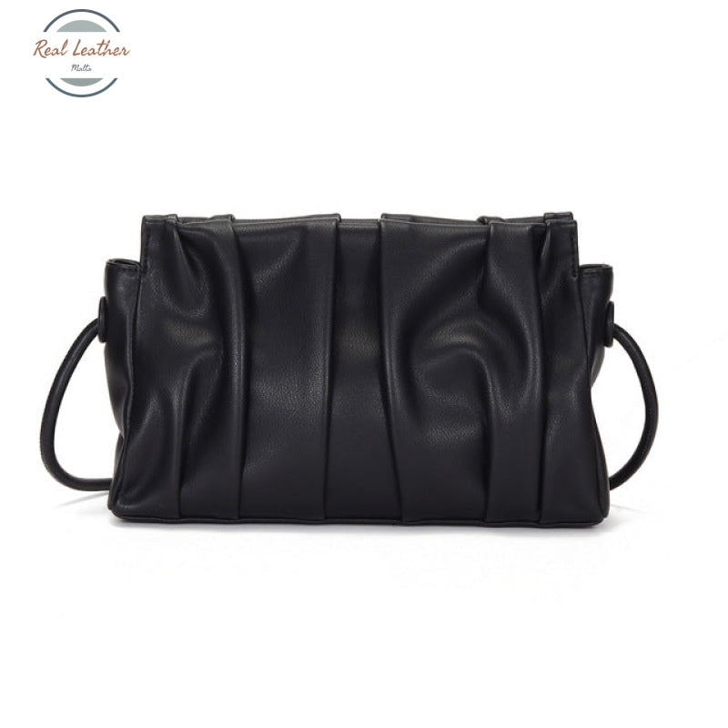 Genuine Leather Minimalist Ruched Clutch Bag Black