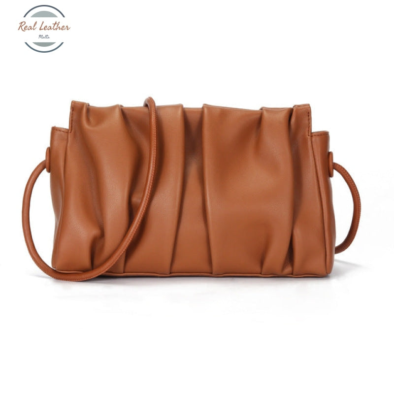 Genuine Leather Minimalist Ruched Clutch Bag Brown
