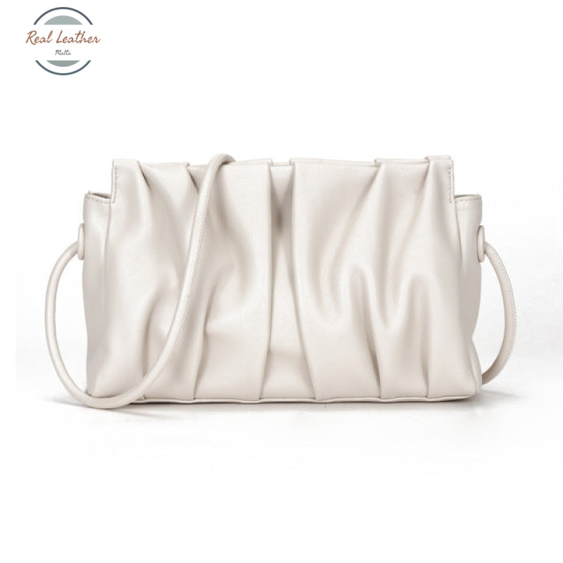 Genuine Leather Minimalist Ruched Clutch Bag White