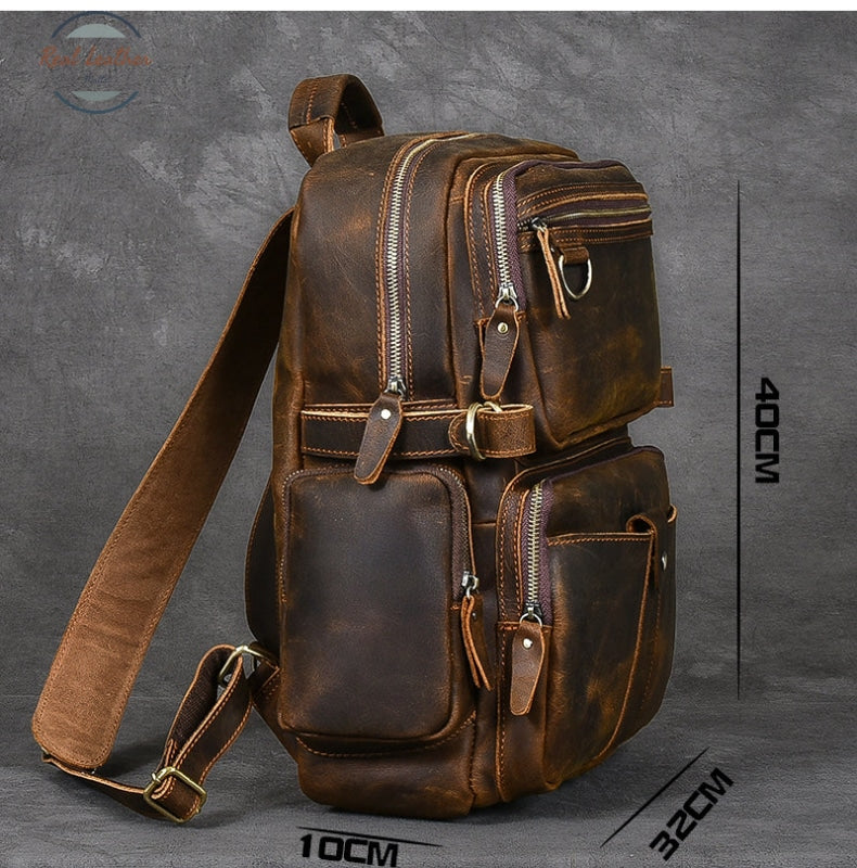 Genuine Leather Multi-Pocket Travel Backpack