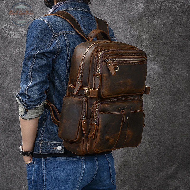 Genuine Leather Multi-Pocket Travel Backpack