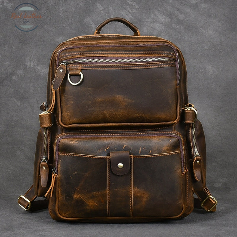 Genuine Leather Multi-Pocket Travel Backpack Brown