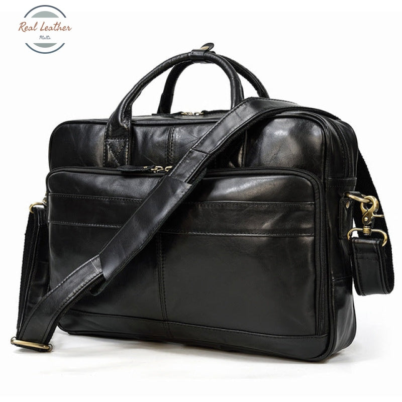 Genuine Leather Oil Wax 15 Inch Business Briefcase Black