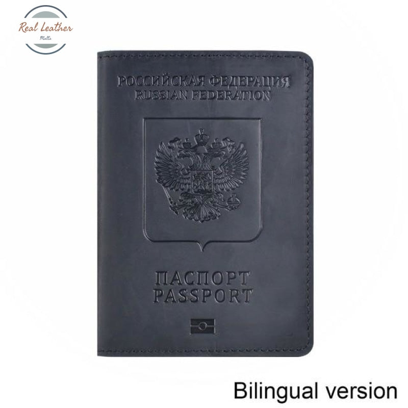 Genuine Leather Passport Cover For Russian Federation Black Bilingual