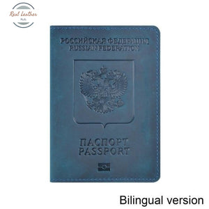 Genuine Leather Passport Cover For Russian Federation Blue Bilingual