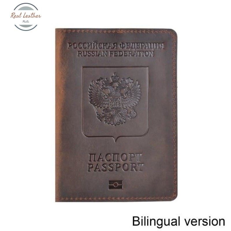 Genuine Leather Passport Cover For Russian Federation Brown Bilingual