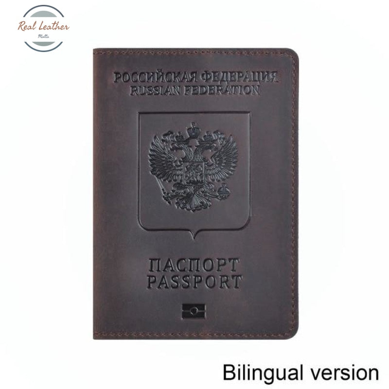 Genuine Leather Passport Cover For Russian Federation Coffee Bilingual