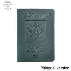 Genuine Leather Passport Cover For Russian Federation Green Bilingual
