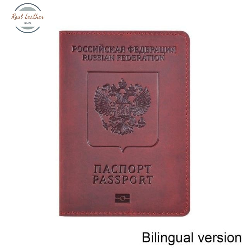 Genuine Leather Passport Cover For Russian Federation Red Bilingual