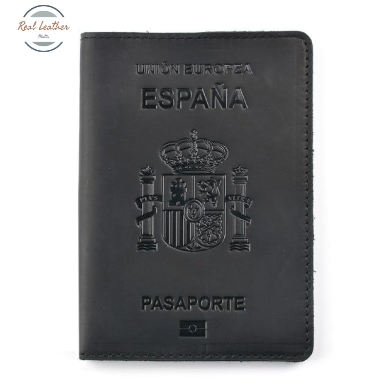 Genuine Leather Passport Cover For Spain Black