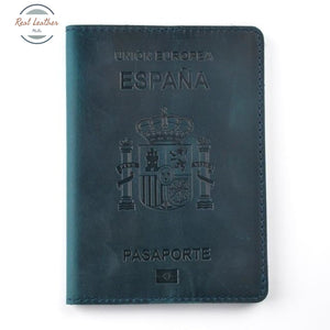 Genuine Leather Passport Cover For Spain Blue