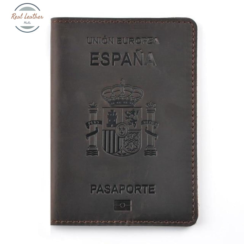 Genuine Leather Passport Cover For Spain Coffee